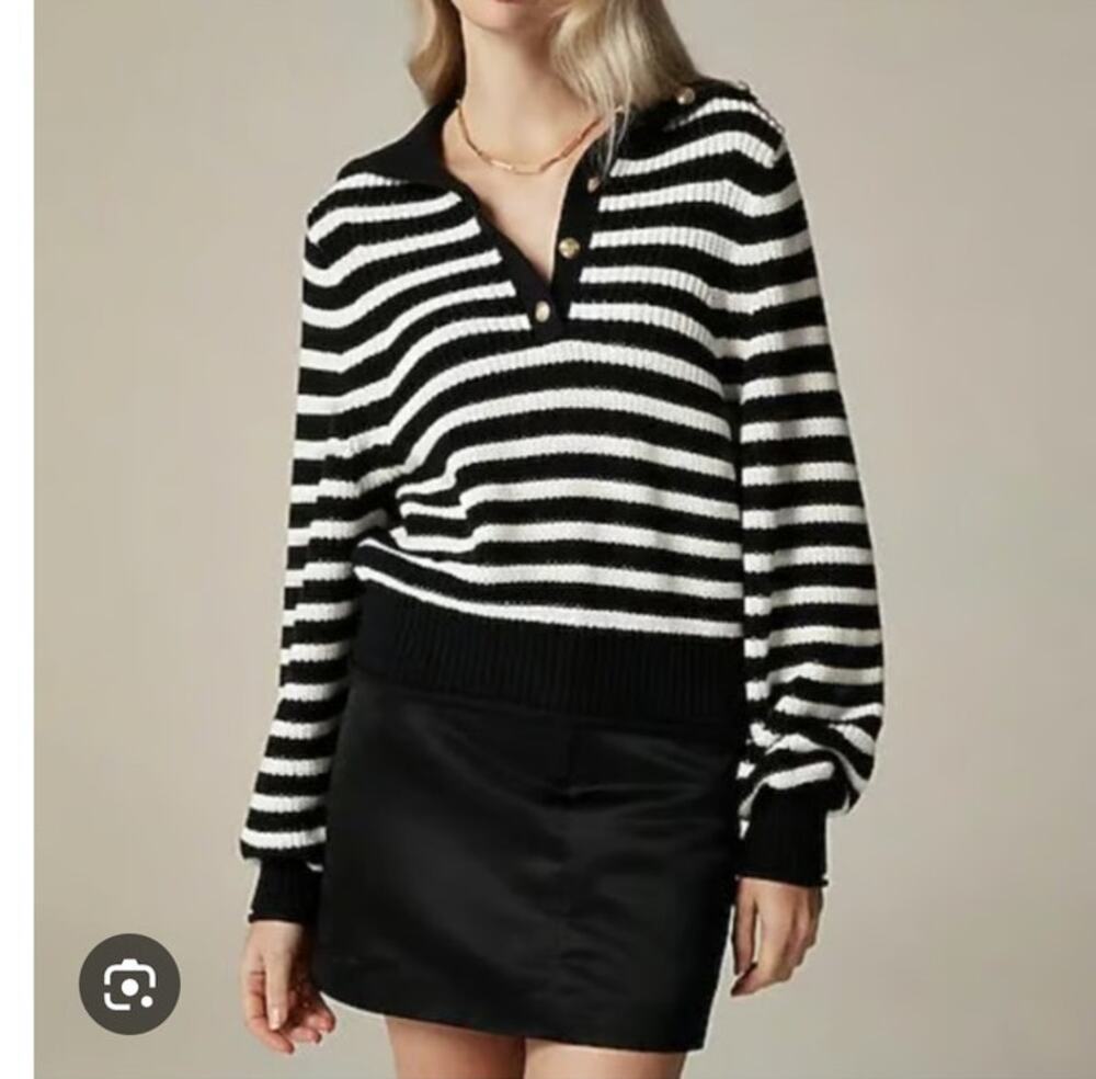 NWT J. Crew Ribbed Cotton Collar Sweater Gold Button Black White Stripes XL